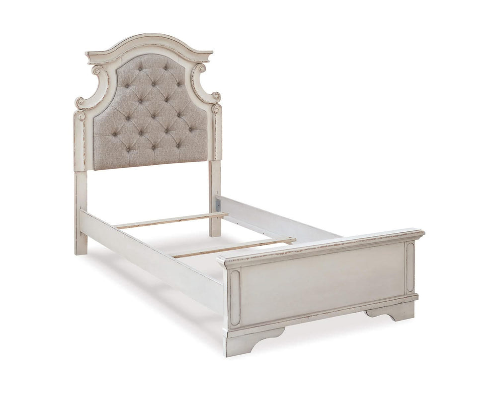Cama individual con paneles, tocador, espejo y mesita de noche Realyn