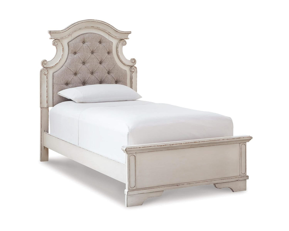 Cama individual con paneles, tocador, espejo y mesita de noche Realyn