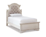 Cama individual con paneles, tocador, espejo y mesita de noche Realyn