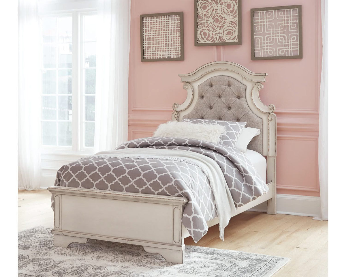 Cama individual Realyn, tocador y espejo