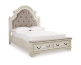Cama Queen Realyn con paneles tapizados, espacio de almacenamiento, cómoda y mesita de noche