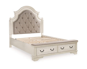 Cama Queen Realyn con paneles tapizados, espacio de almacenamiento, cómoda y mesita de noche