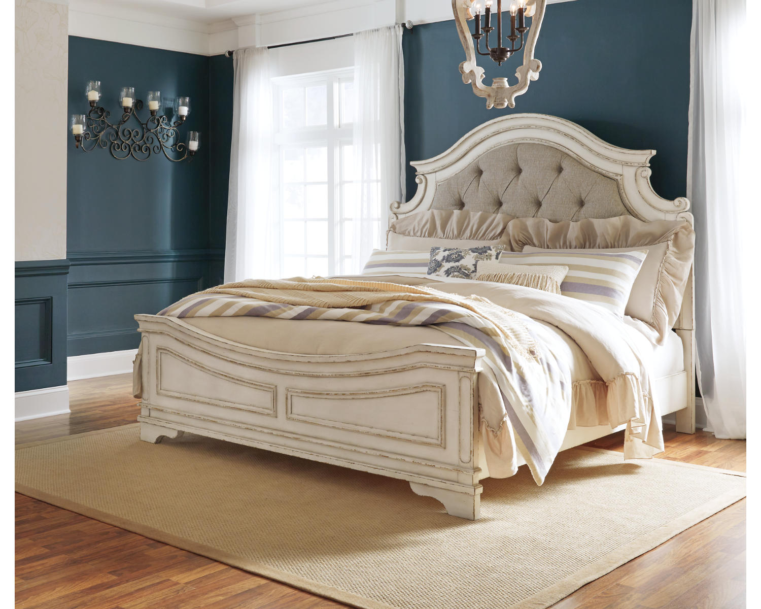 Realyn King Panel Upholstered Bed, Dresser, Mirror and Chest