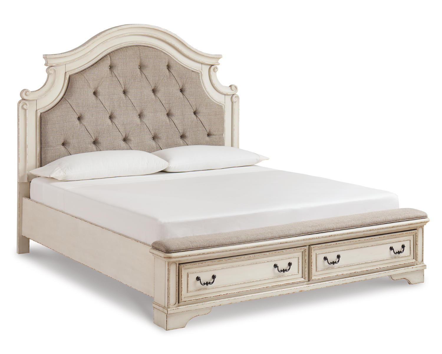 Realyn California King Upholstered Bed, Dresser, Mirror and Chest