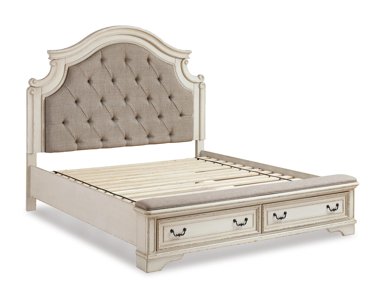 Realyn King Upholstered Panel Bed, Dresser, Mirror and Nightstand