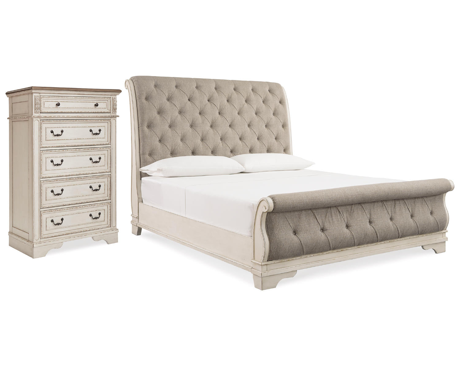 Realyn Queen Upholstered Sleigh Bed and Chest