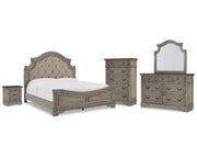 Lodenbay King Upholstered Panel Bed, Dresser, Mirror, Chest and Nightstand