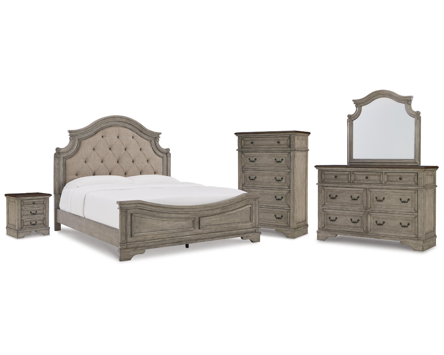 Lodenbay King Upholstered Panel Bed, Dresser, Mirror, Chest and Nightstand