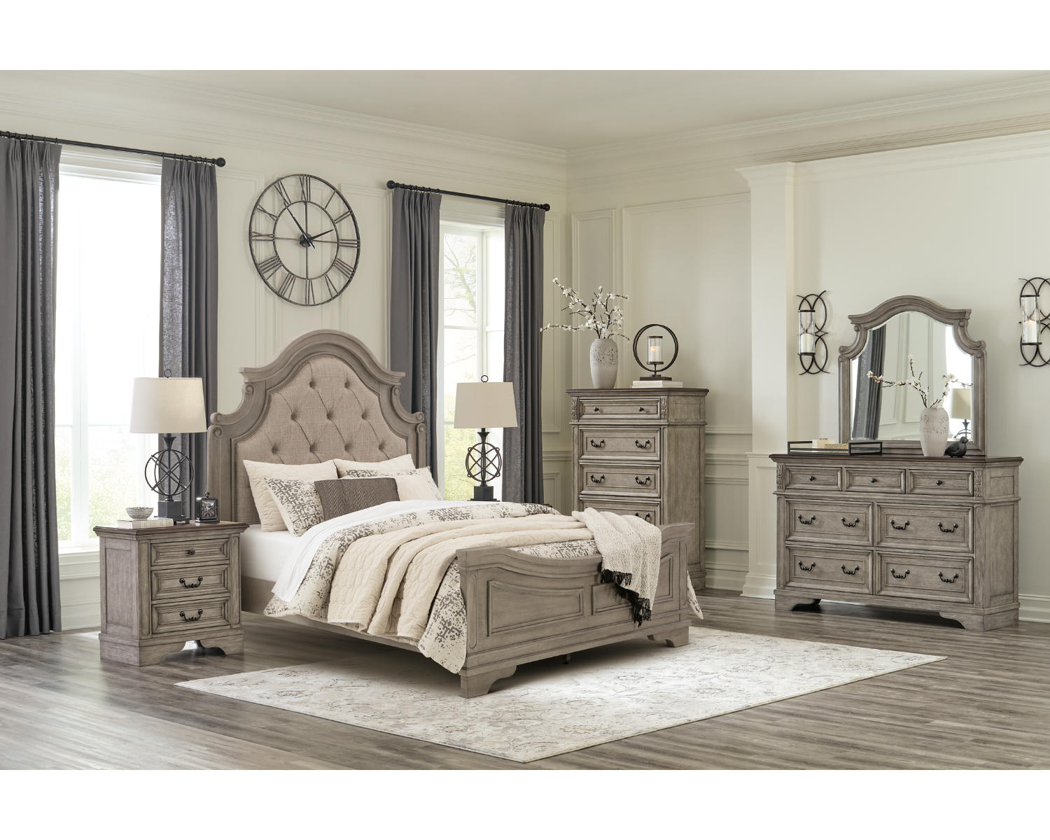Lodenbay Queen Upholstered Panel Bed, Dresser, Mirror, Chest and Nightstand