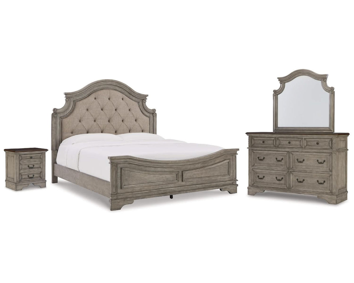 Cama King tapizada con paneles, tocador, espejo y mesita de noche Lodenbay