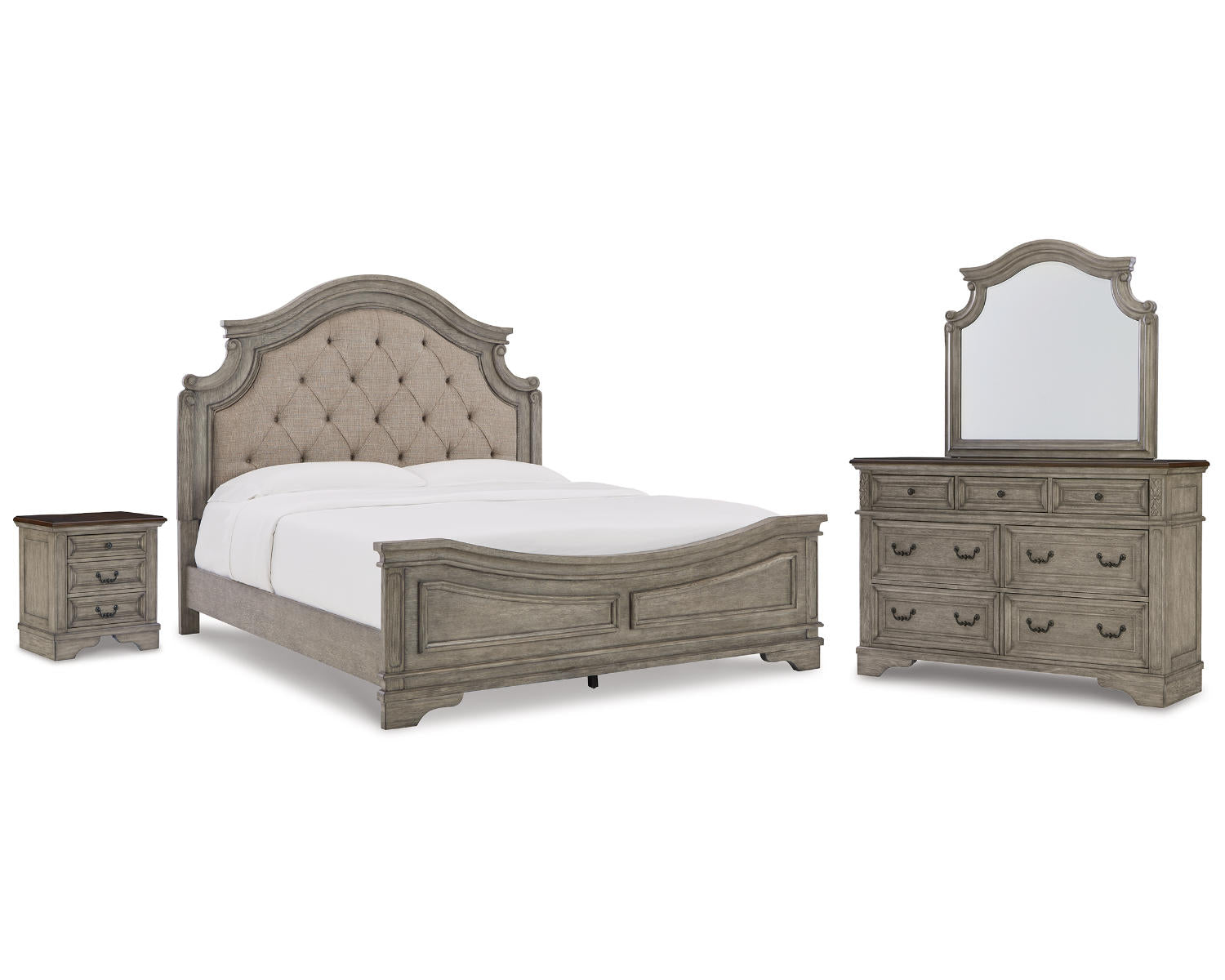 Lodenbay King Upholstered Panel Bed, Dresser, Mirror, and Nightstand