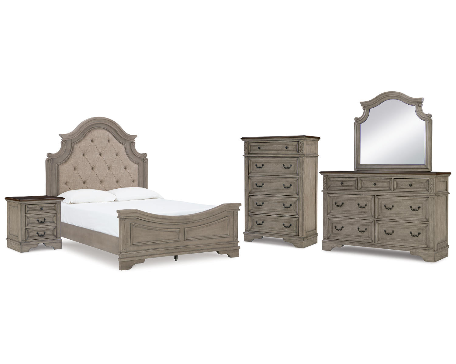 Lodenbay Queen Upholstered Panel Bed, Dresser, Mirror, Chest and Nightstand