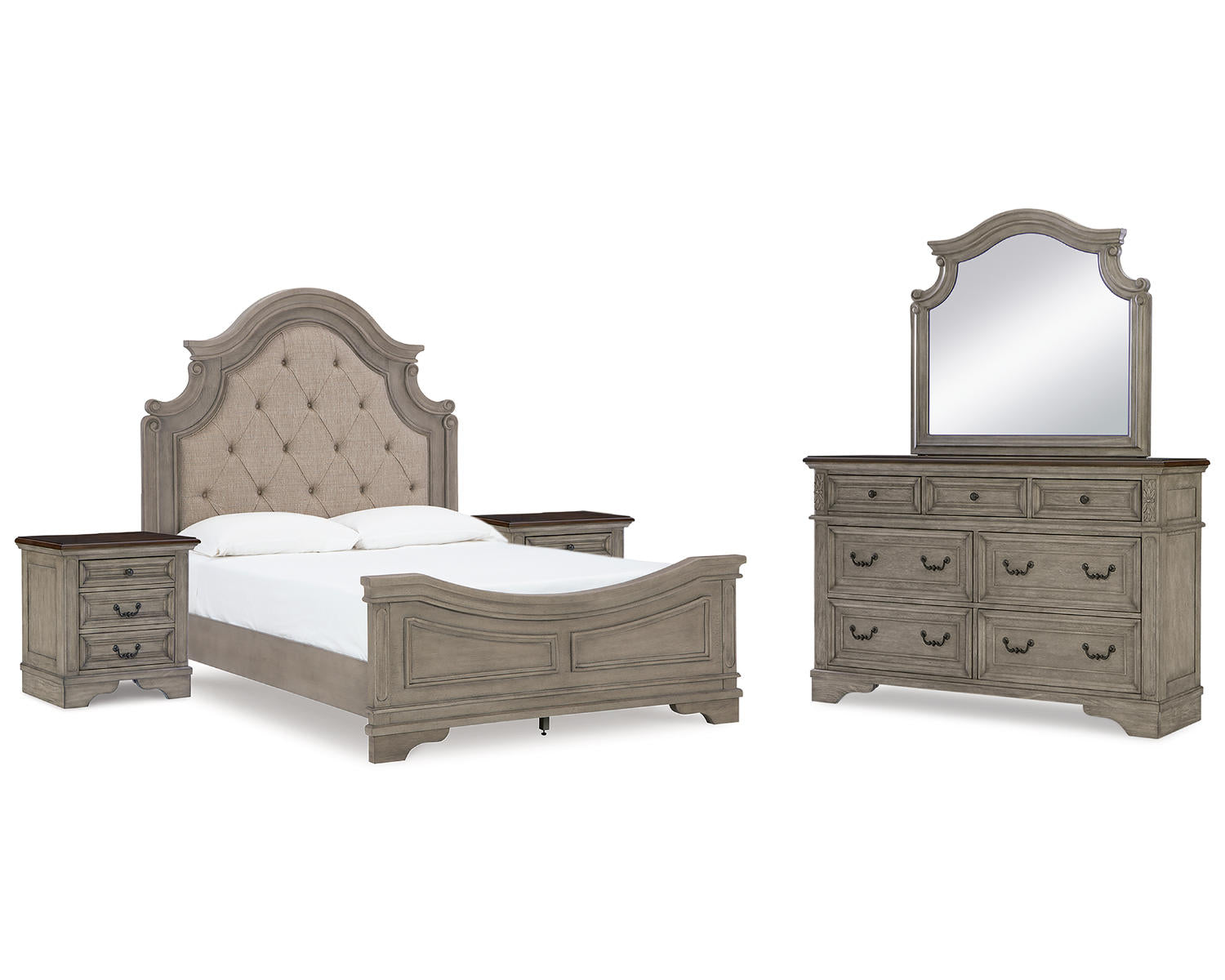 Lodenbay Queen Upholstered Panel Bed, Dresser, Mirror and 2 Nightstands