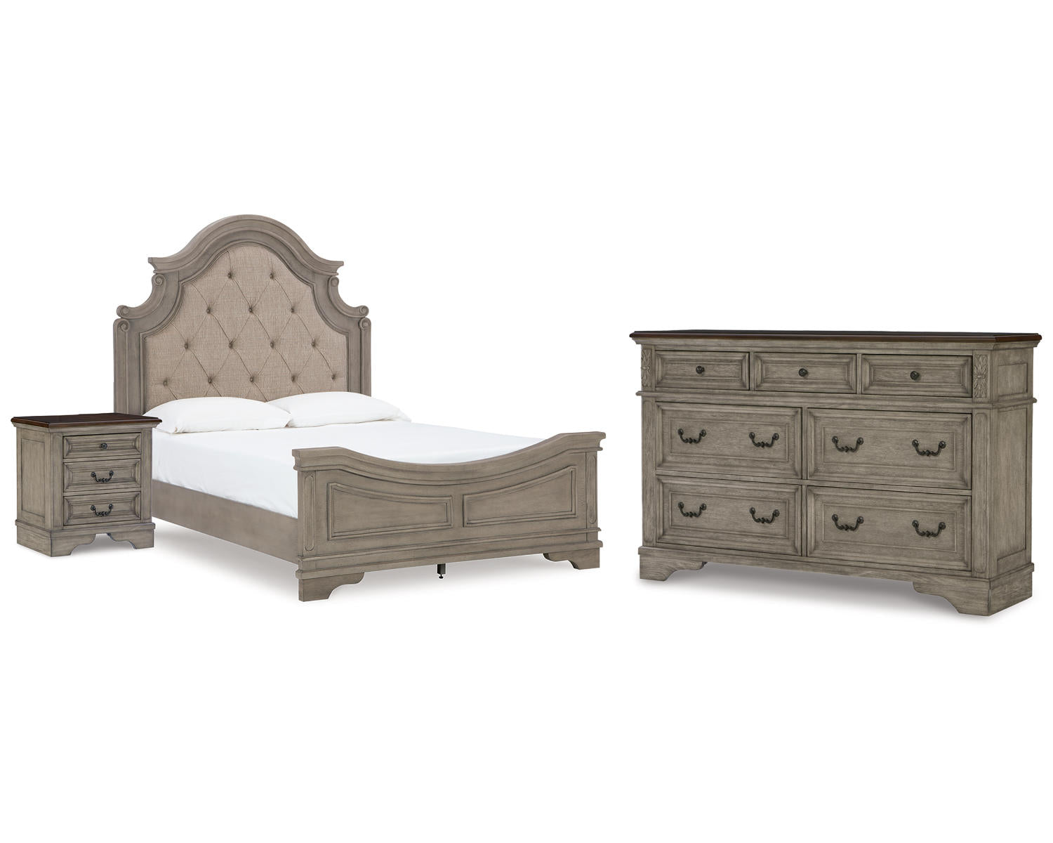 Lodenbay Queen Upholstered Panel Bed, Dresser and Nightstand