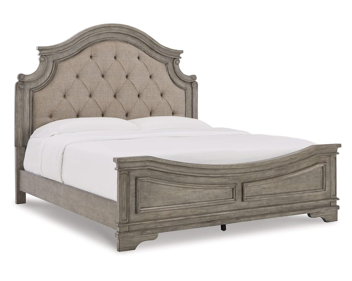 Cama King tapizada con paneles, tocador, espejo y mesita de noche Lodenbay