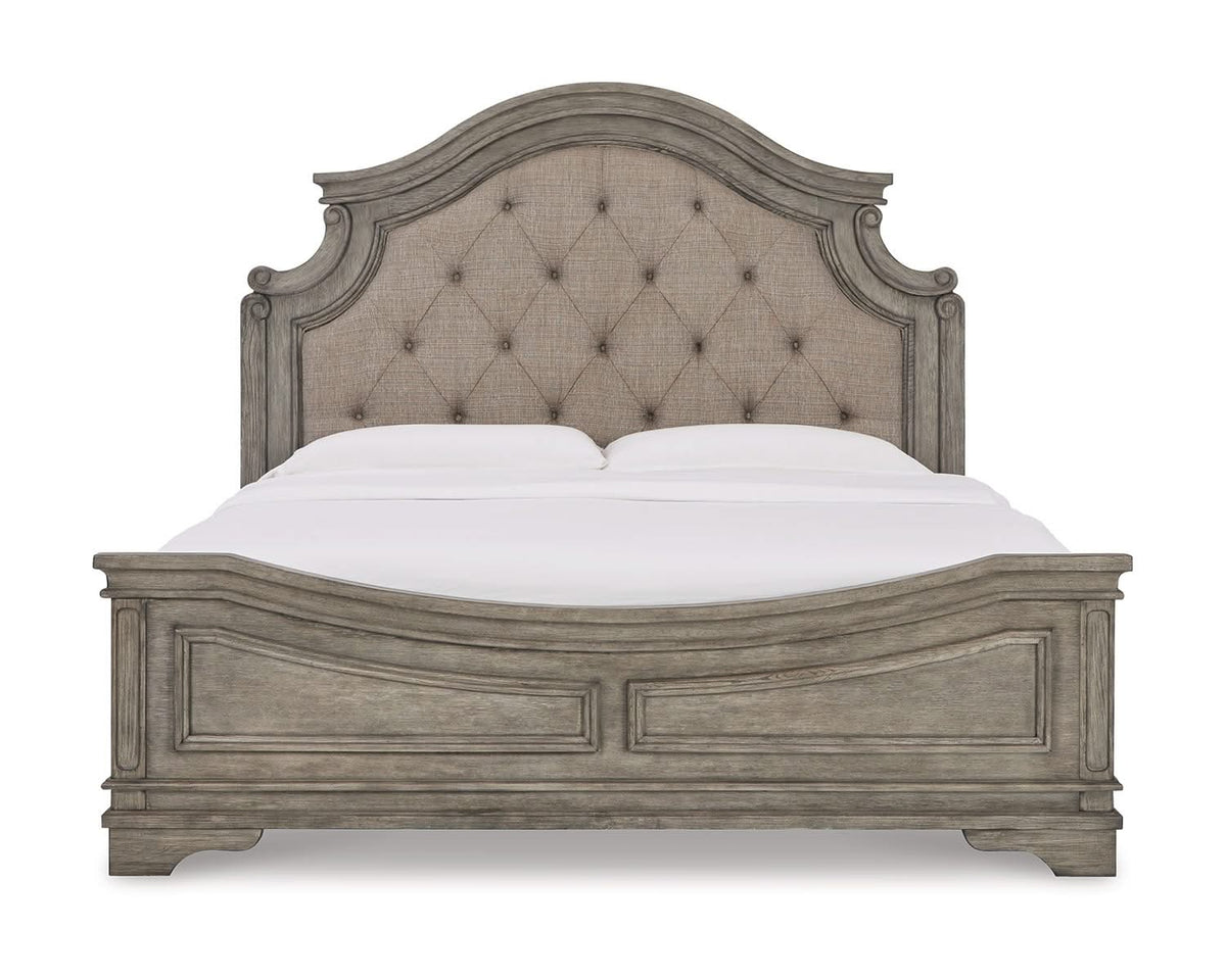 Cama King tapizada con paneles, tocador, espejo y mesita de noche Lodenbay