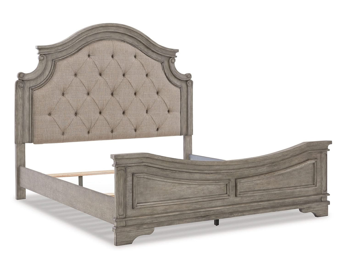 Cama King tapizada con paneles, tocador, espejo y mesita de noche Lodenbay