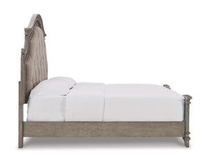 Cama King tapizada con paneles, tocador, espejo y mesita de noche Lodenbay