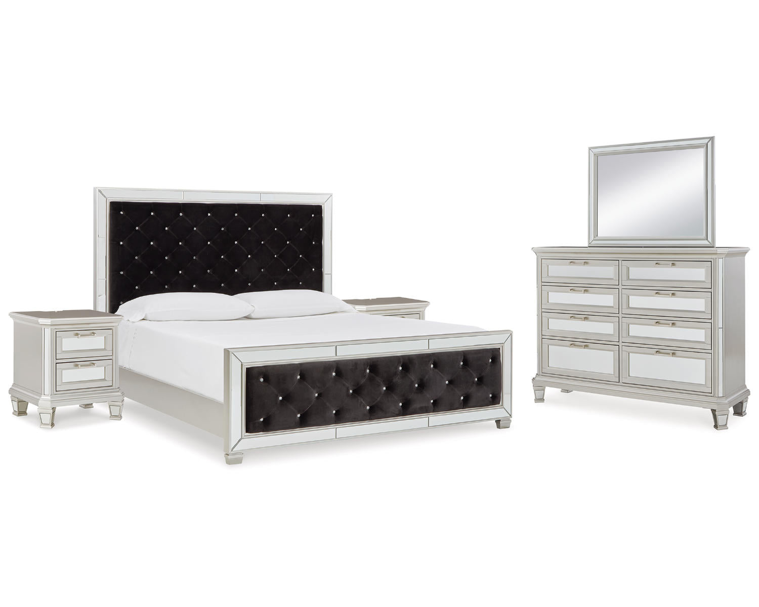 Lindenfield California King Upholstered Bed, Dresser, Mirror and 2 Nightstands