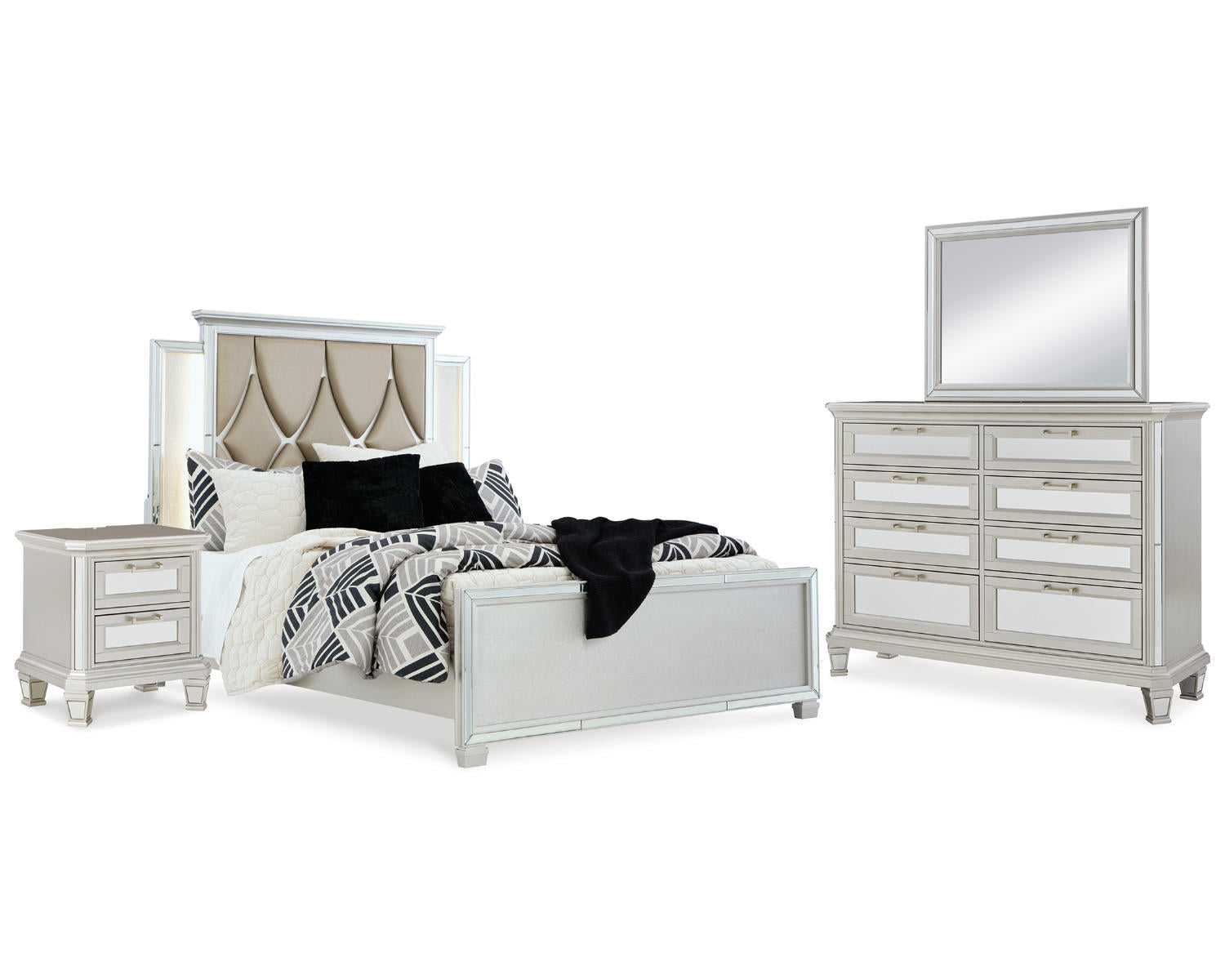 Lindenfield Queen Upholstered Panel Bed, Dresser, Mirror and Nightstand