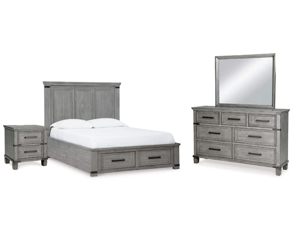 Cama Queen Russelyn con almacenamiento, tocador, espejo y mesita de noche