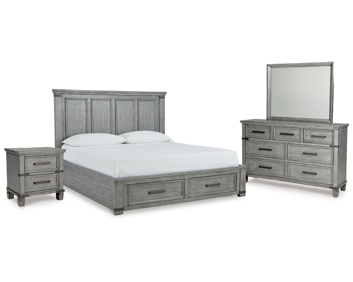 Russelyn California King Panel Storage Bed, Dresser, Mirror and Nightstand
