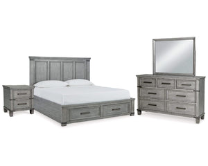 Cama King Russelyn con almacenamiento, tocador, espejo y dos mesitas de noche