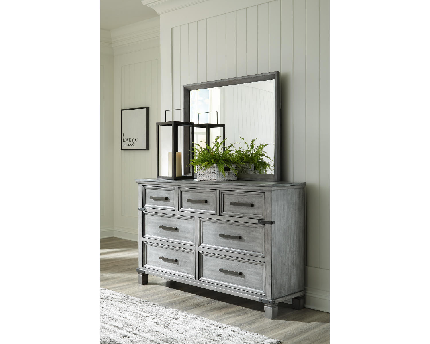 Russelyn California King Panel Storage Bed, Dresser, Mirror and Nightstand