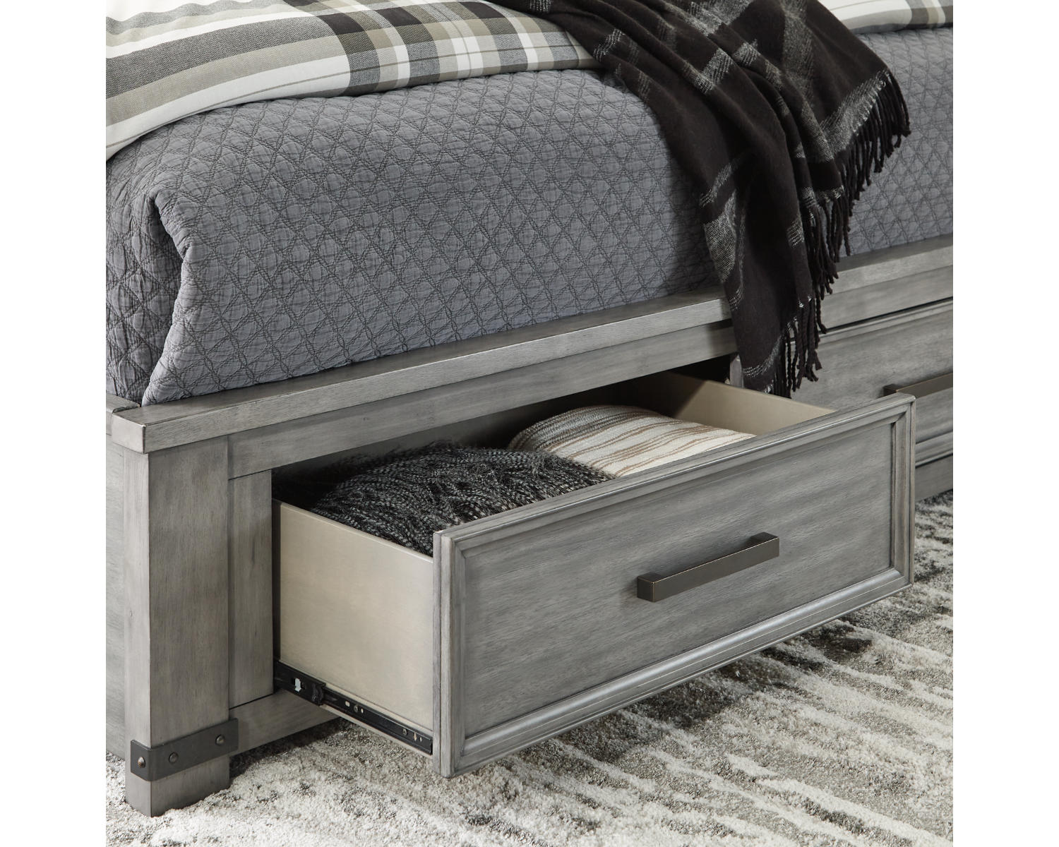 Russelyn California King Panel Storage Bed, Dresser, Mirror and Nightstand