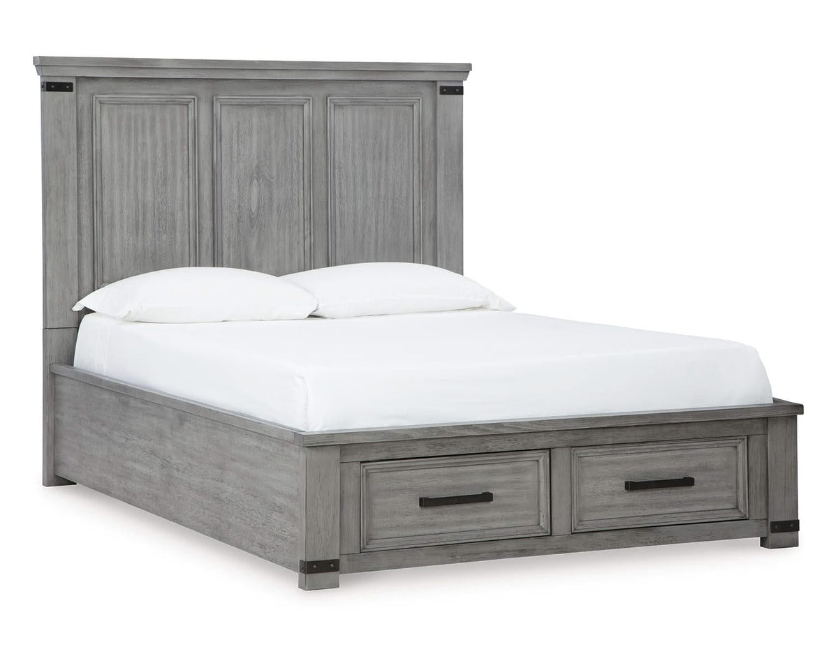 Cama Queen Russelyn con paneles de almacenaje, tocador, espejo, cómoda y dos mesitas de noche
