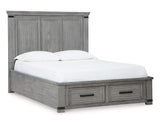 Cama Queen Russelyn con paneles de almacenaje, tocador, espejo, cómoda y dos mesitas de noche