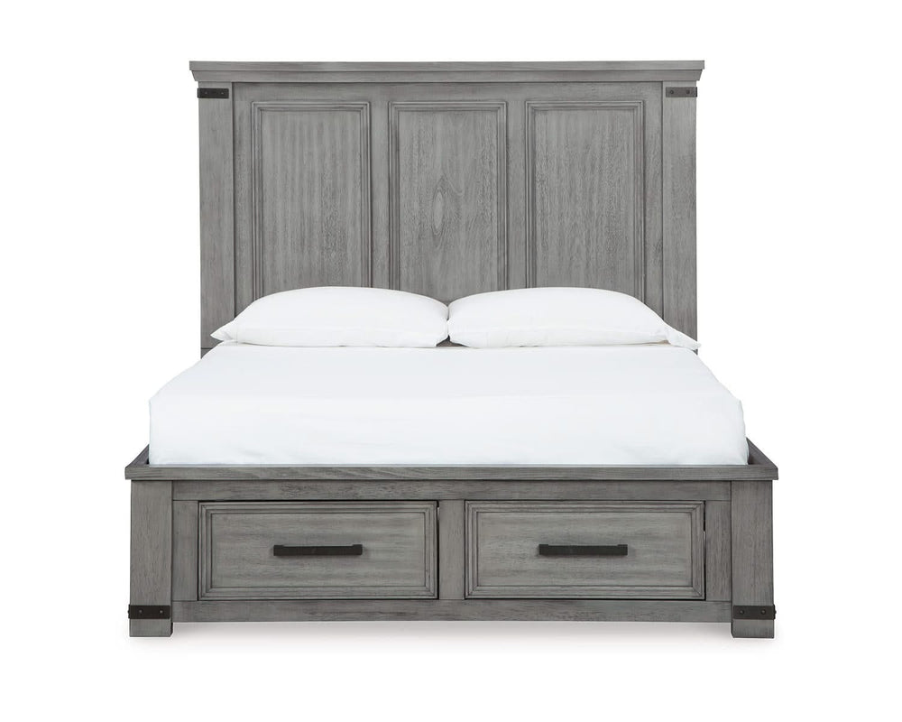 Cama Queen Russelyn con paneles de almacenaje, tocador, espejo, cómoda y dos mesitas de noche