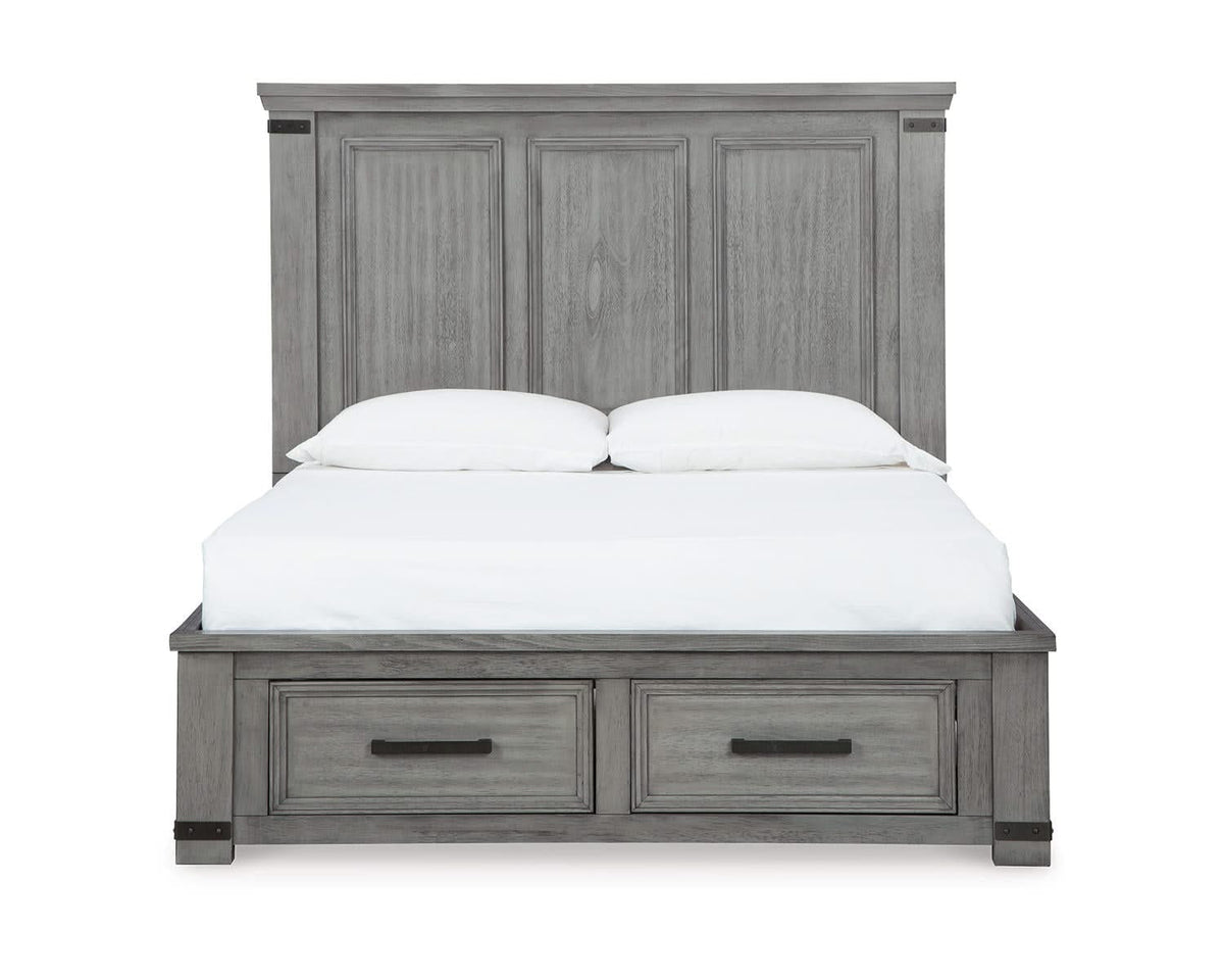 Cama Queen Russelyn con paneles de almacenaje, tocador, espejo, cómoda y dos mesitas de noche