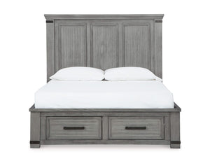 Cama Queen Russelyn con paneles de almacenaje, tocador, espejo, cómoda y dos mesitas de noche