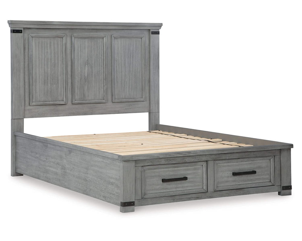 Cama Queen Russelyn con paneles de almacenaje, tocador, espejo, cómoda y dos mesitas de noche