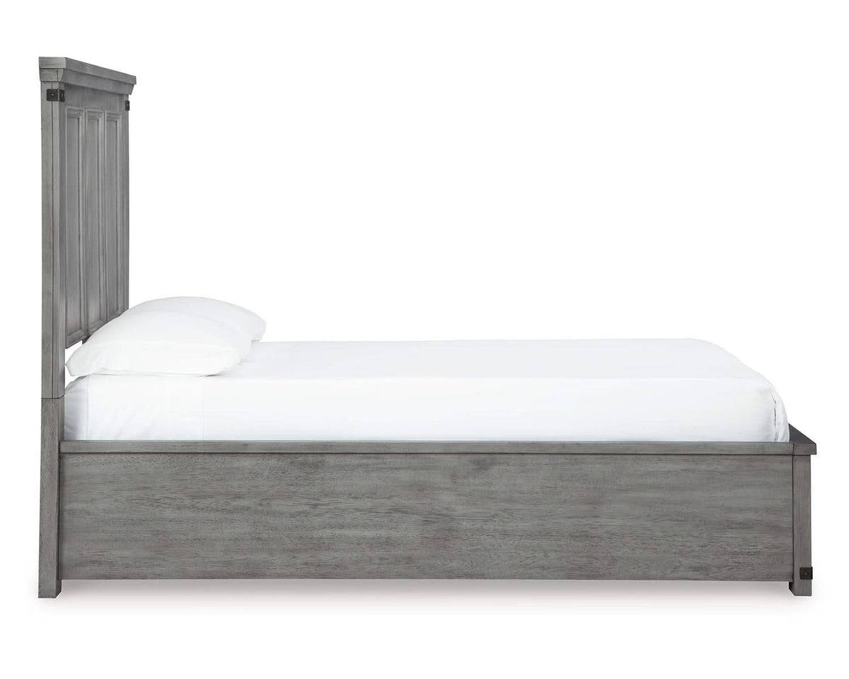 Cama Queen Russelyn con paneles de almacenaje, tocador, espejo, cómoda y dos mesitas de noche