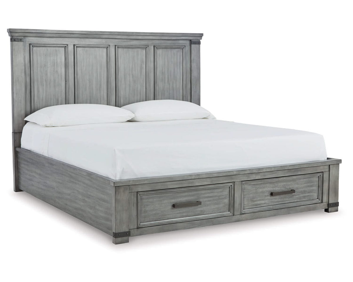 Cama King Russelyn con almacenamiento, tocador, espejo y dos mesitas de noche