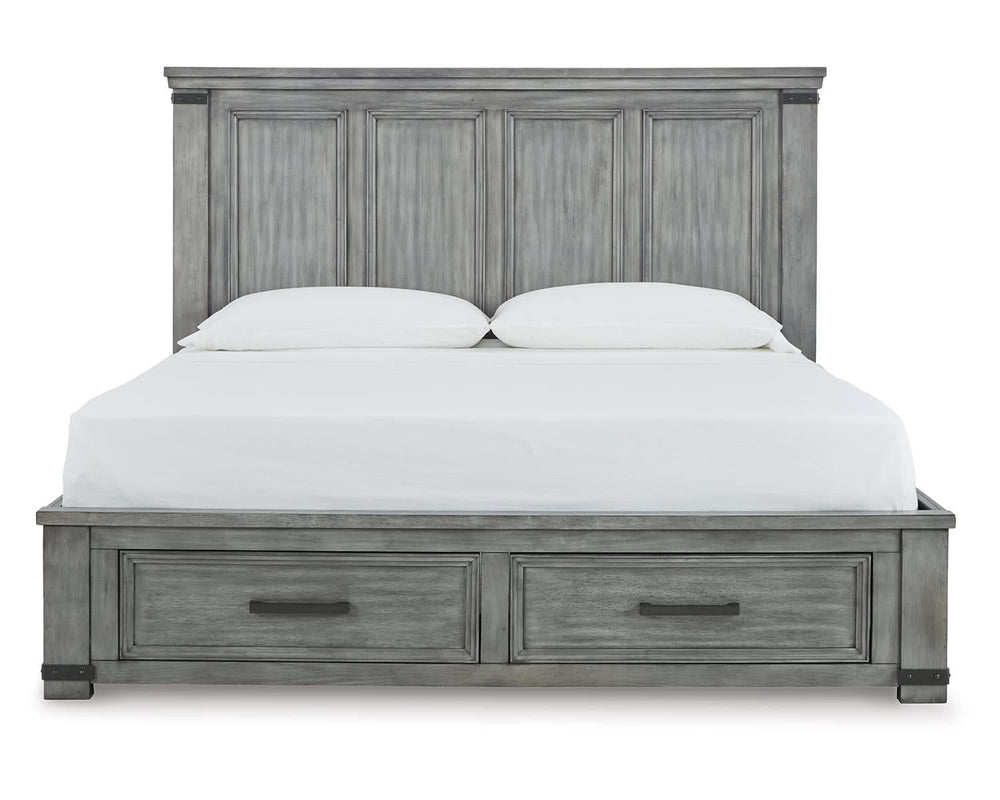 Cama King Russelyn con almacenamiento, tocador, espejo y dos mesitas de noche