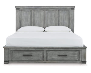 Cama King Russelyn con almacenamiento, tocador, espejo y dos mesitas de noche
