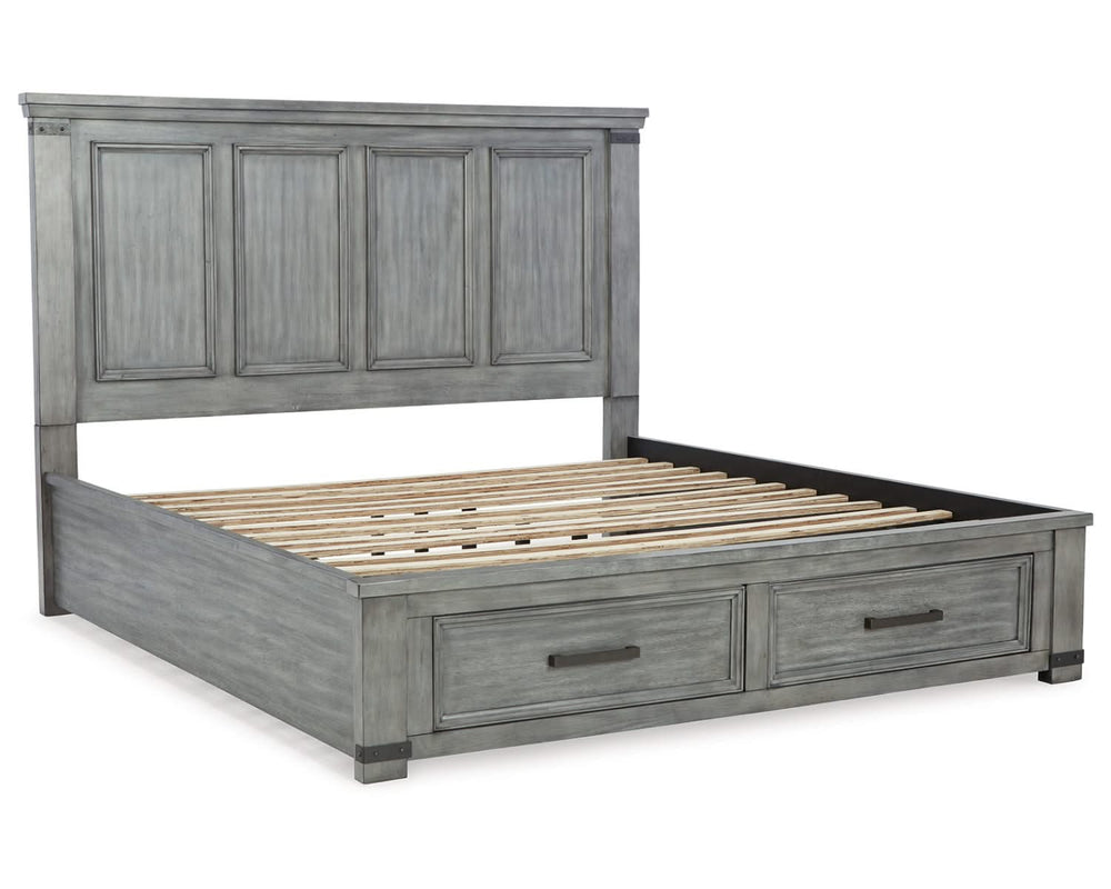 Cama King Russelyn con almacenamiento, tocador, espejo y dos mesitas de noche