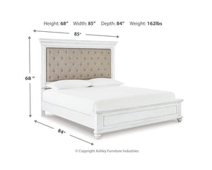 Cama King tapizada con paneles Kanwyn, tocador, espejo y cómoda