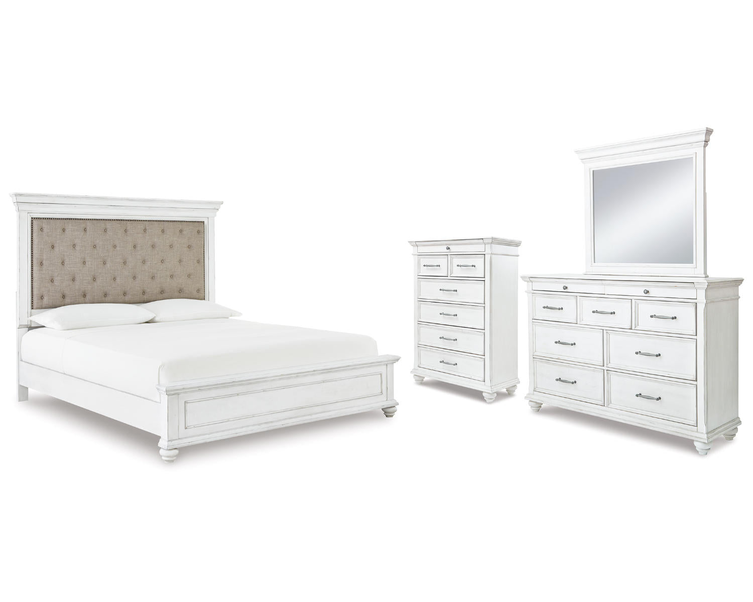 Kanwyn Cal King Upholstered Panel Bed, Dresser, Mirror and Chest