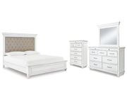 Kanwyn Cal King Upholstered Panel Bed, Dresser, Mirror and Chest