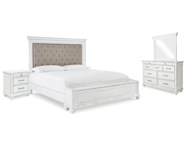 Cama King tapizada con almacenaje, tocador, espejo y mesita de noche Kanwyn