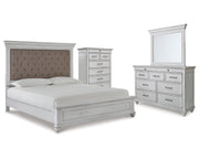 Kanwyn King Upholstered Panel Bed, Dresser, Mirror and Chest
