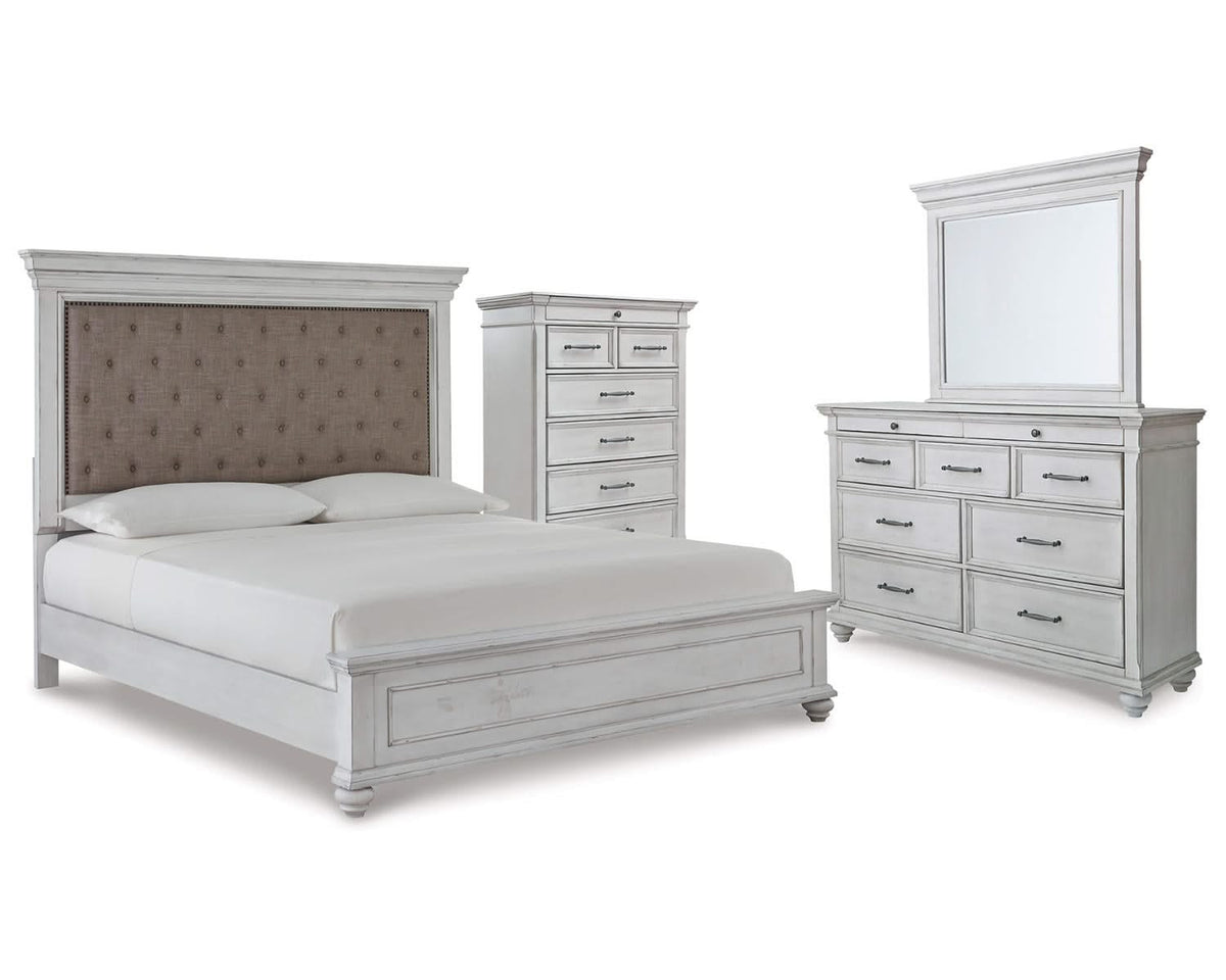 Cama King tapizada con paneles Kanwyn, tocador, espejo y cómoda