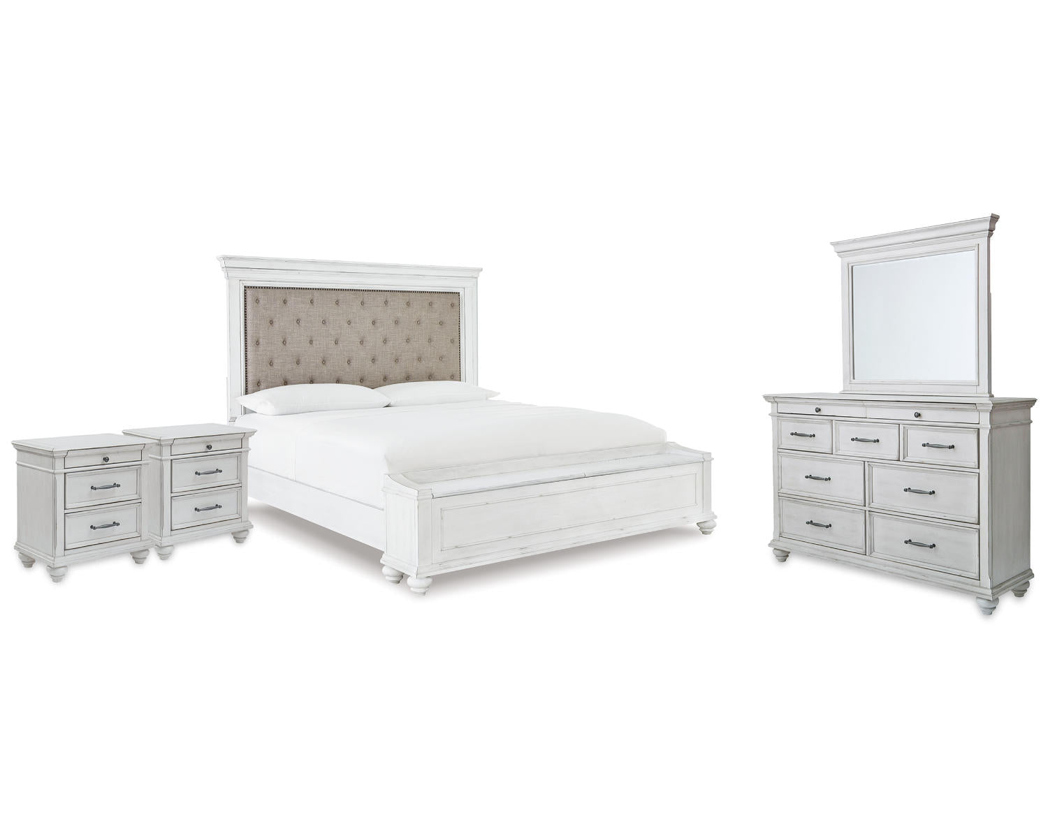 Kanwyn King Panel Bed, Dresser, Mirror and 2 Nightstands