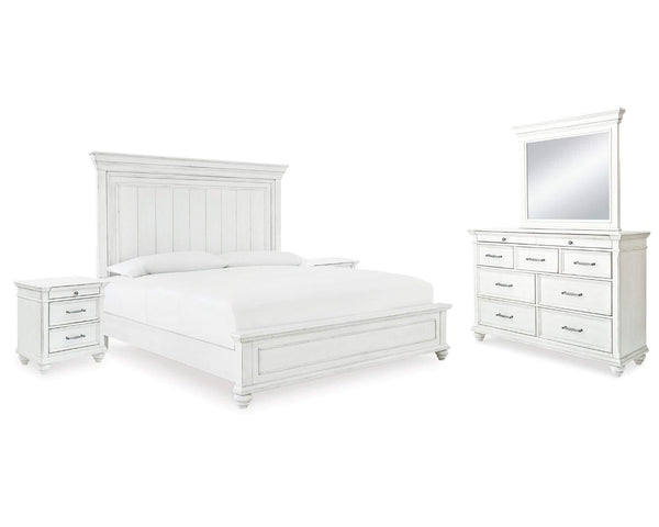 Cama Kanwyn Queen con paneles, tocador, espejo y dos mesitas de noche