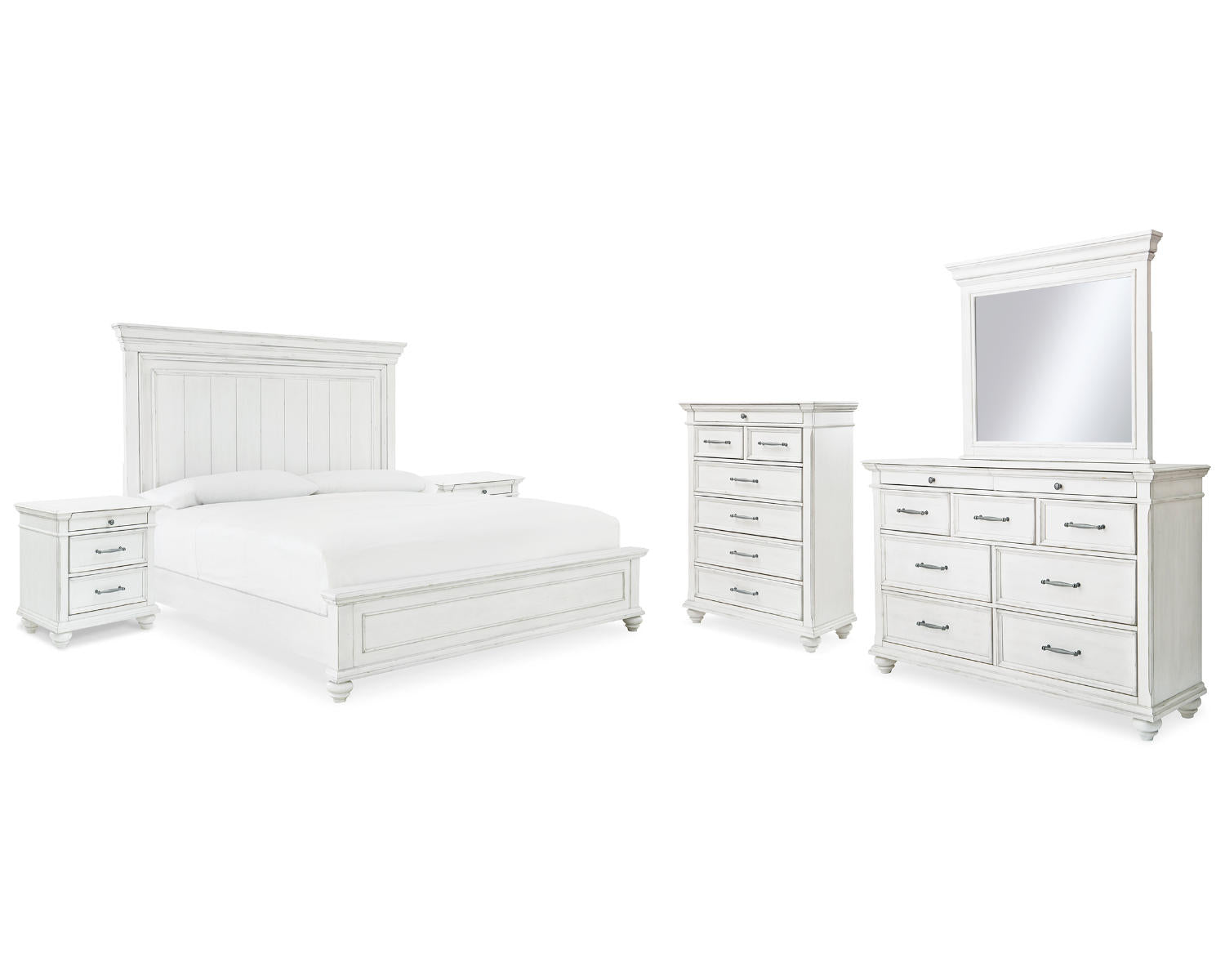 Kanwyn King Panel Bed, Dresser, Mirror, Chest and 2 Nightstands