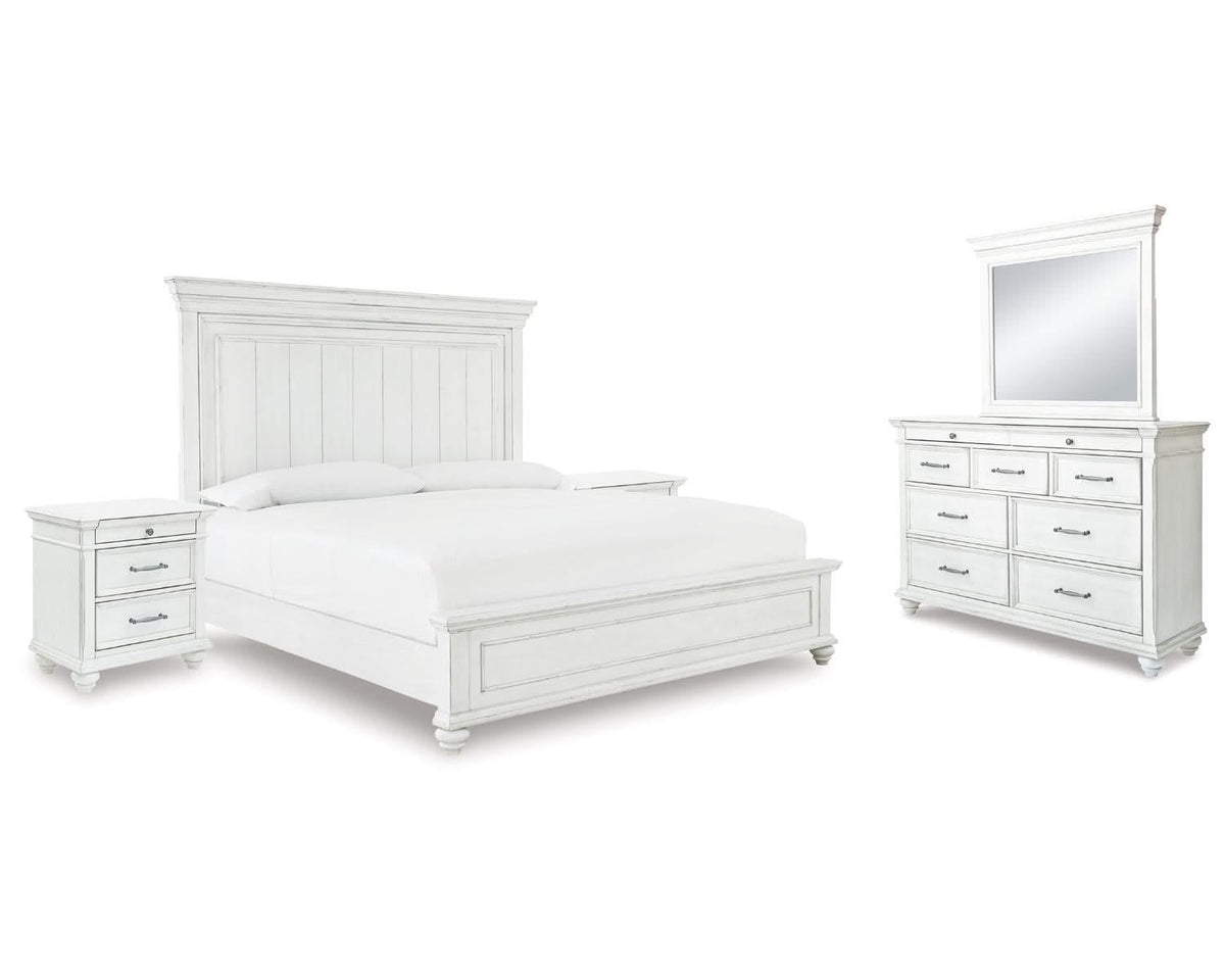 Cama Kanwyn King con paneles, tocador, espejo y dos mesitas de noche